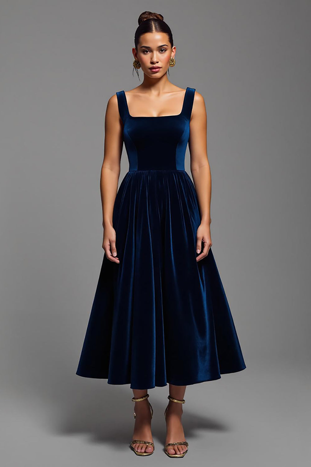 Navy A-Line Square Neck Midi Formal Dress