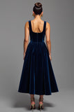 Navy A-Line Square Neck Midi Formal Dress