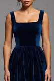 Navy A-Line Square Neck Midi Formal Dress