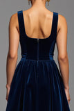 Navy A-Line Square Neck Midi Formal Dress