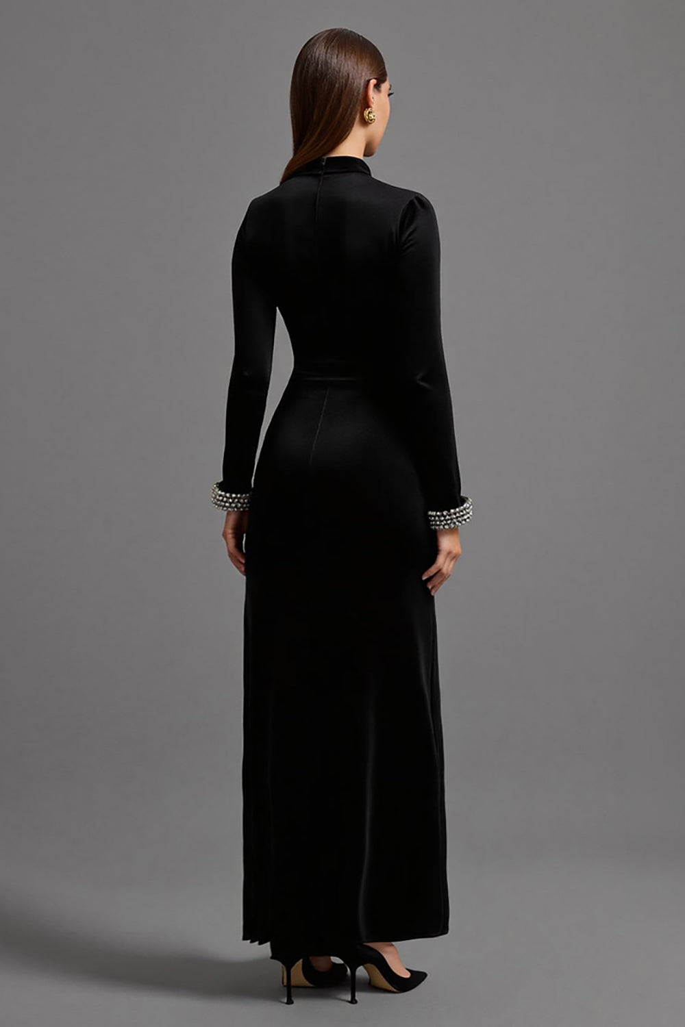 Black Sheath Beaded Formal Dress with Long Sleeves