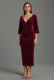 Burgundy Sheath V-Neck Tea Length Velvet Formal Dress
