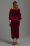 Burgundy Sheath V-Neck Tea Length Velvet Formal Dress