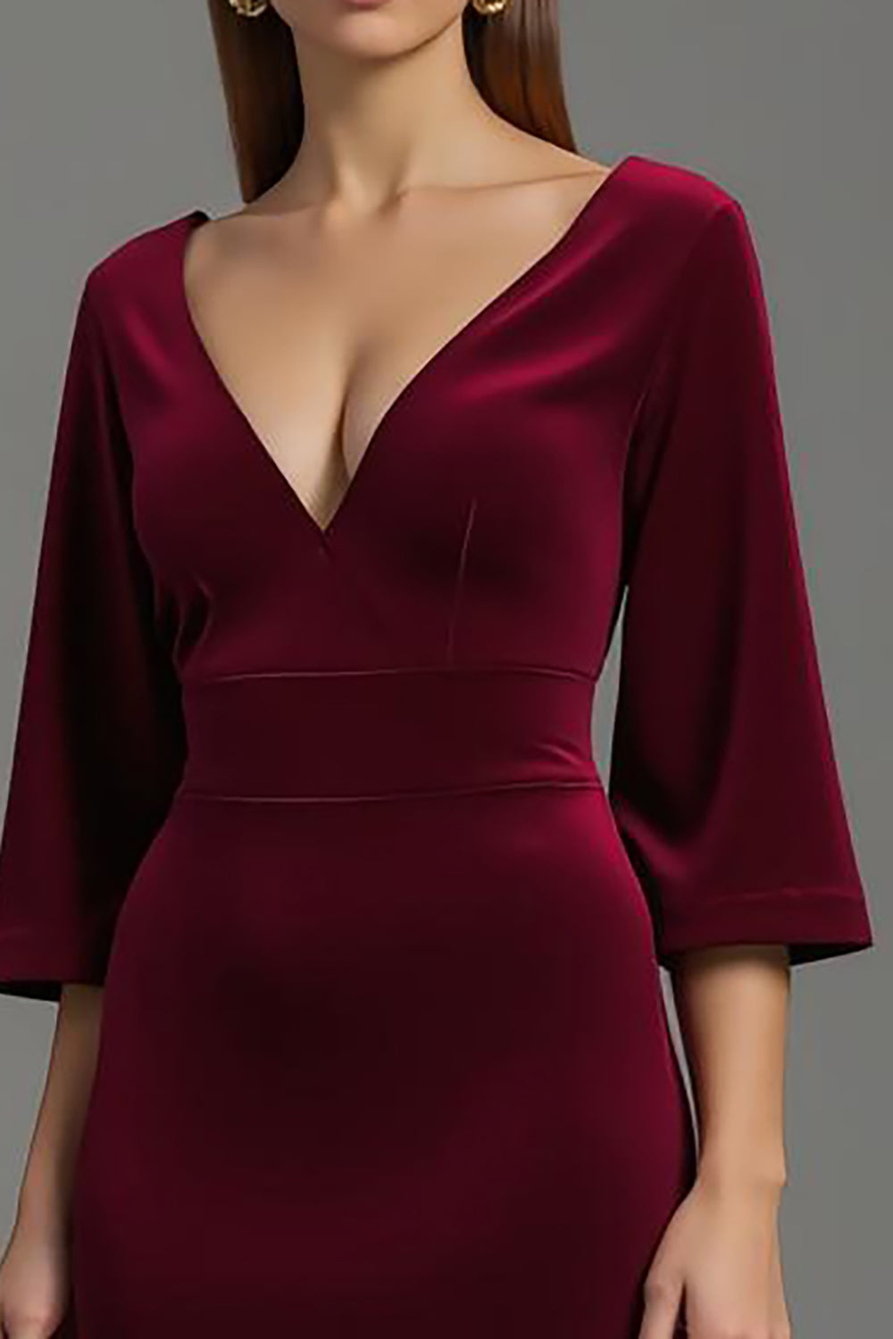 Burgundy Sheath V-Neck Tea Length Velvet Formal Dress