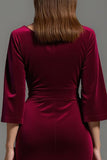 Burgundy Sheath V-Neck Tea Length Velvet Formal Dress