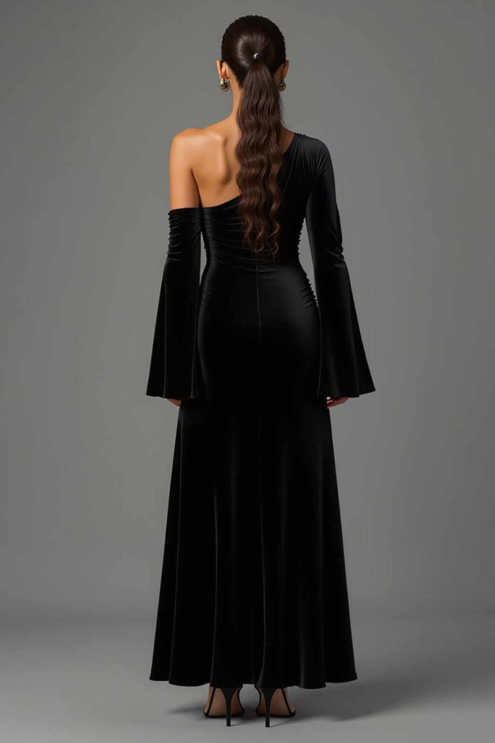 One Shoulder Black A-Line Velvet Formal Dress