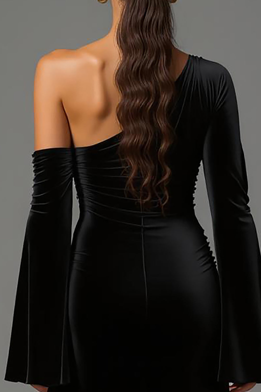 One Shoulder Black A-Line Velvet Formal Dress