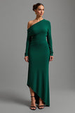 One Shoulder Dark Green Sheath Long Sleeve Formal Dress