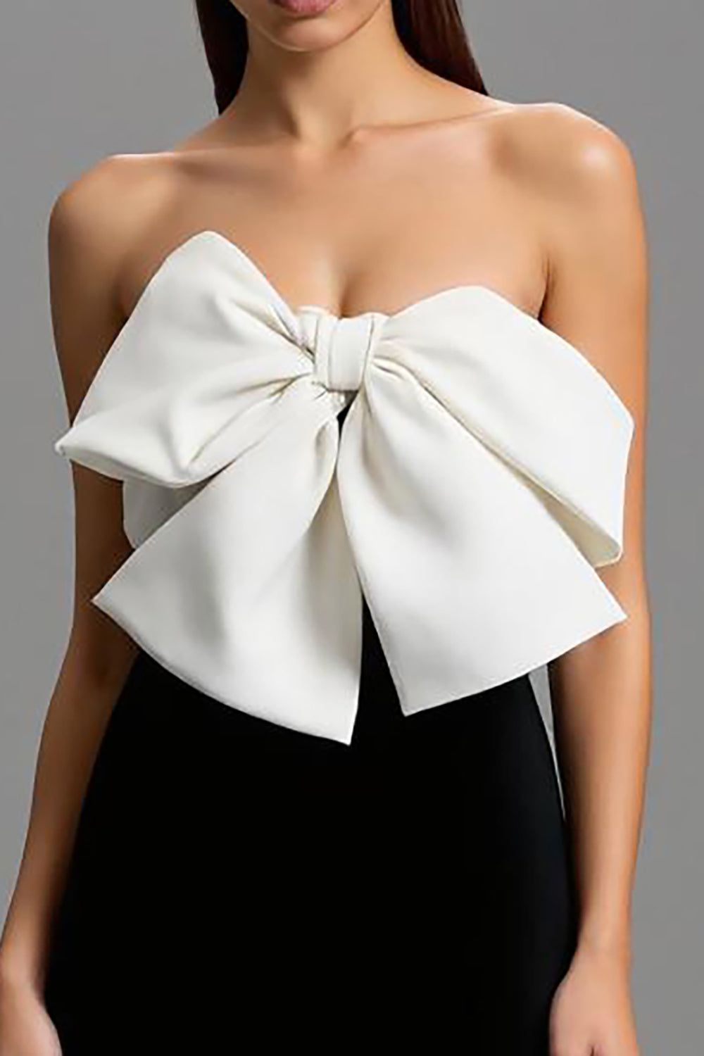 Sheath Black and White Strapless Formal Dress With Bow
