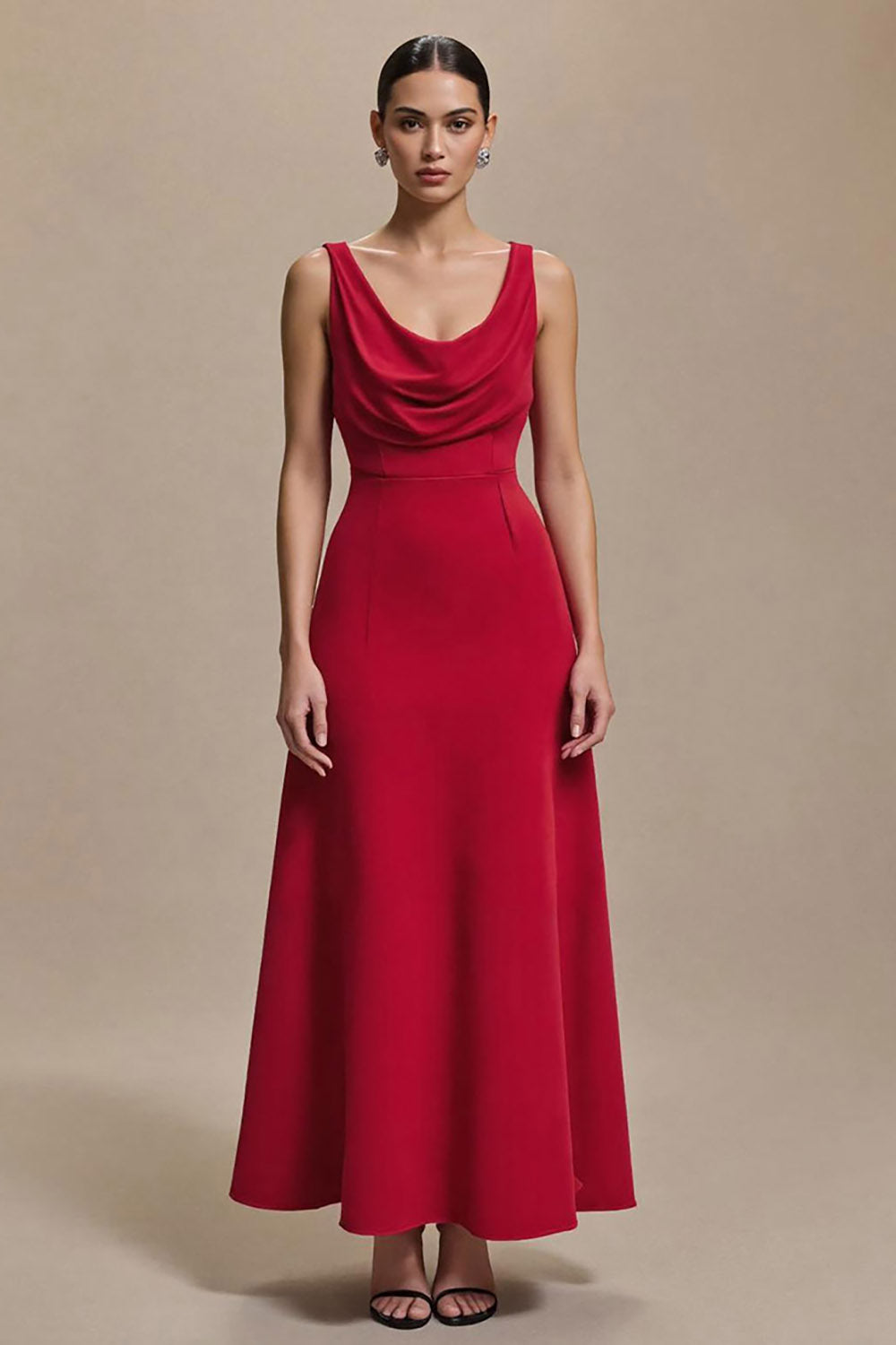 Red A-Line Cowl Neck Long Formal Dress