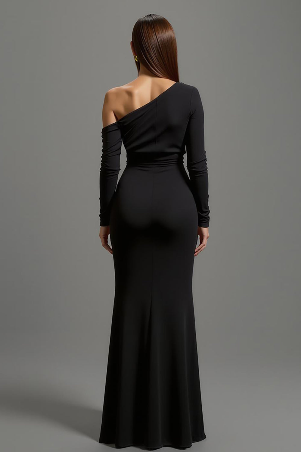 One Shoulder Sheath Black Formal Dress with Long Sleeves