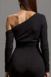One Shoulder Sheath Black Formal Dress with Long Sleeves