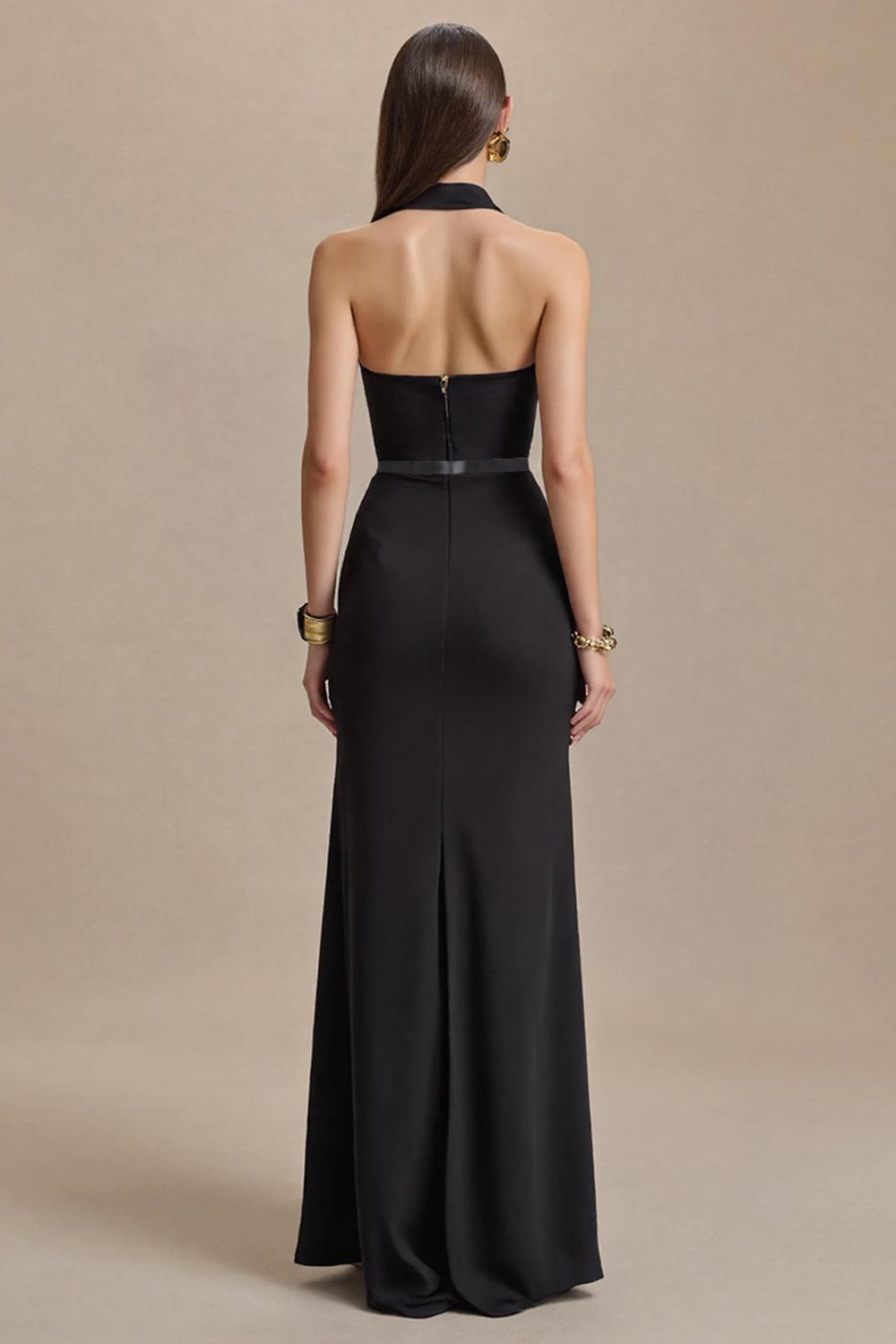 Halter Sheath V-Neck Black Tie Dress With Slit