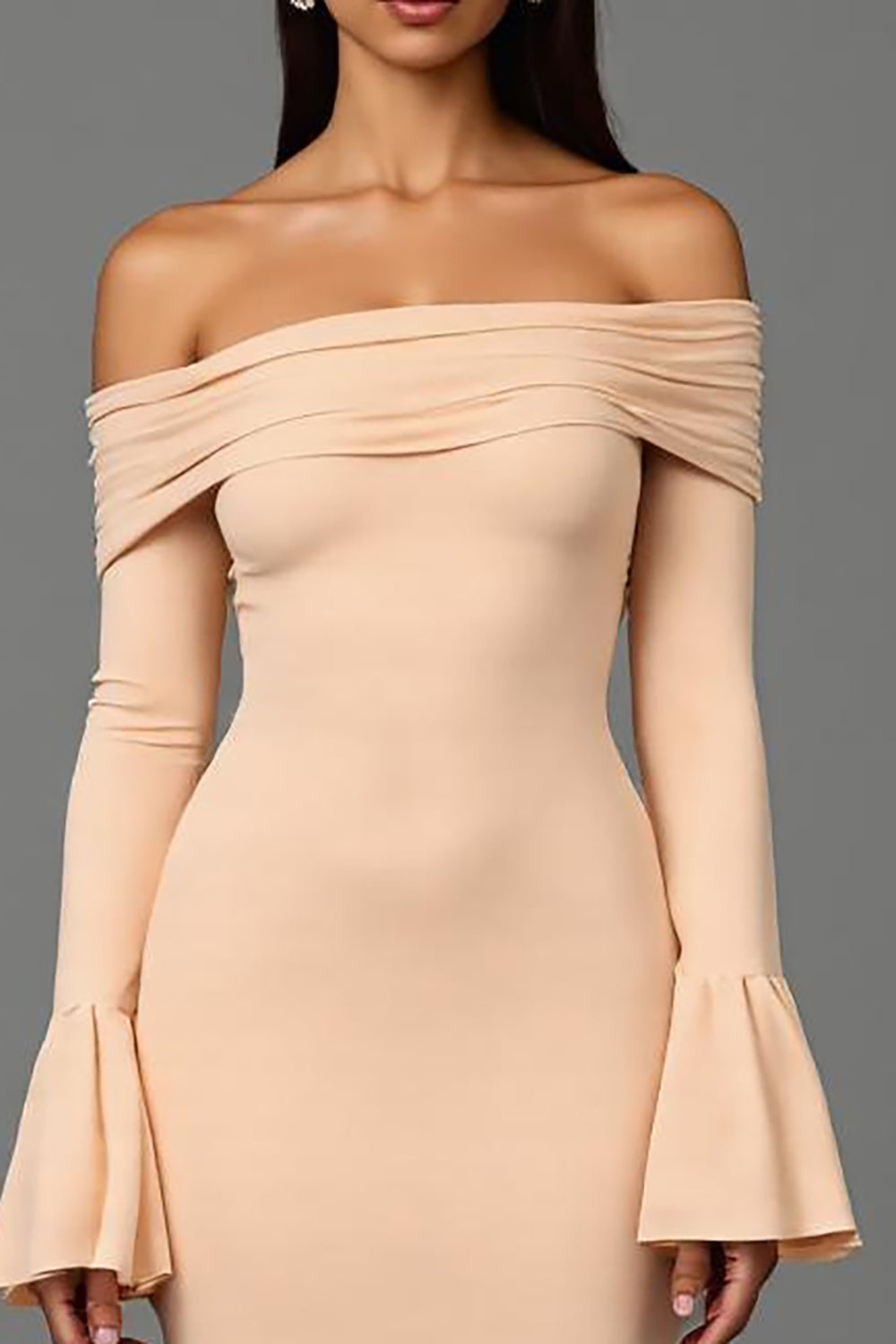 Apricot Sheath Off The Shoulder Formal Dress with Flare Sleeves