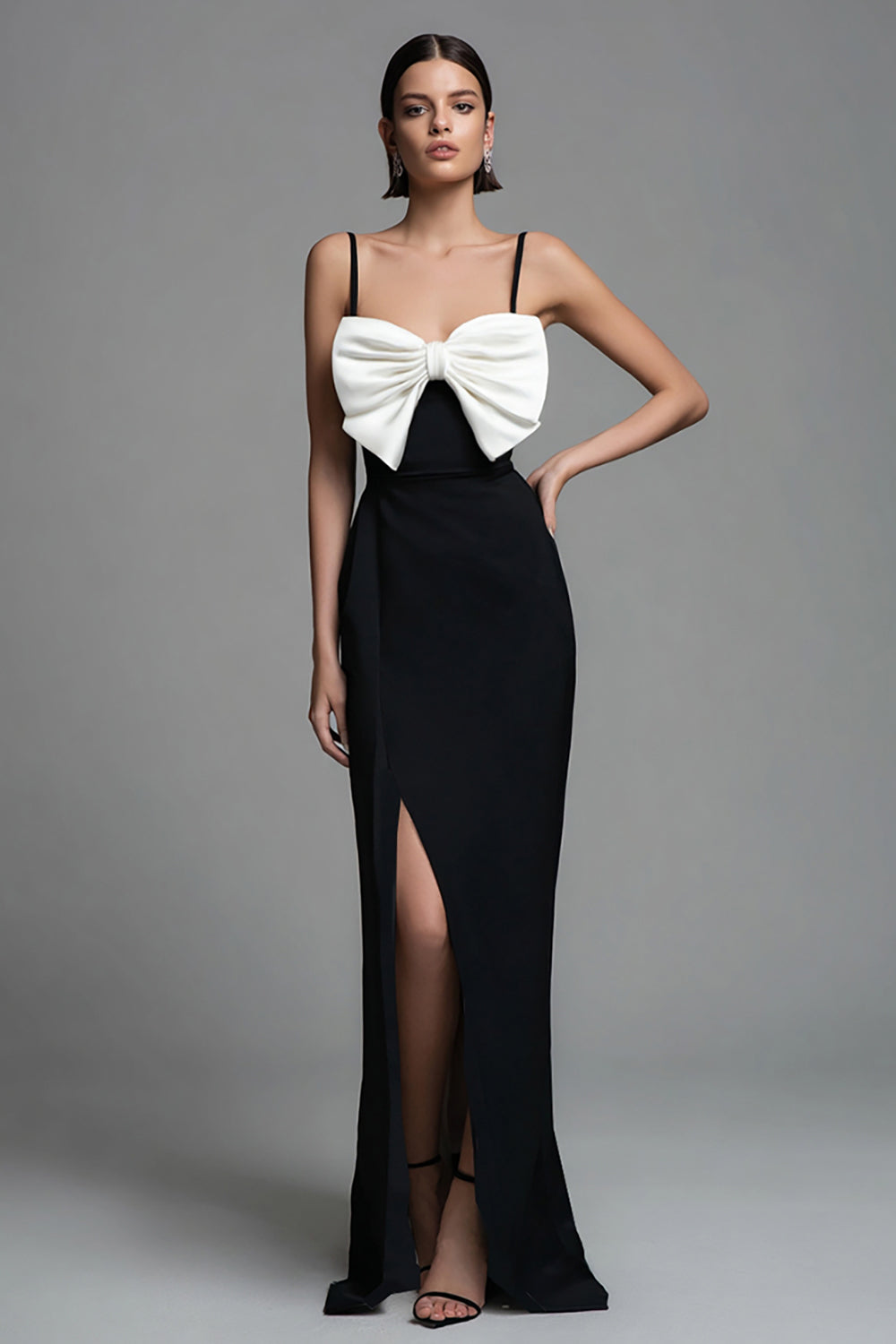 Black and White Sheath Spaghetti Straps Formal Dress With Slit