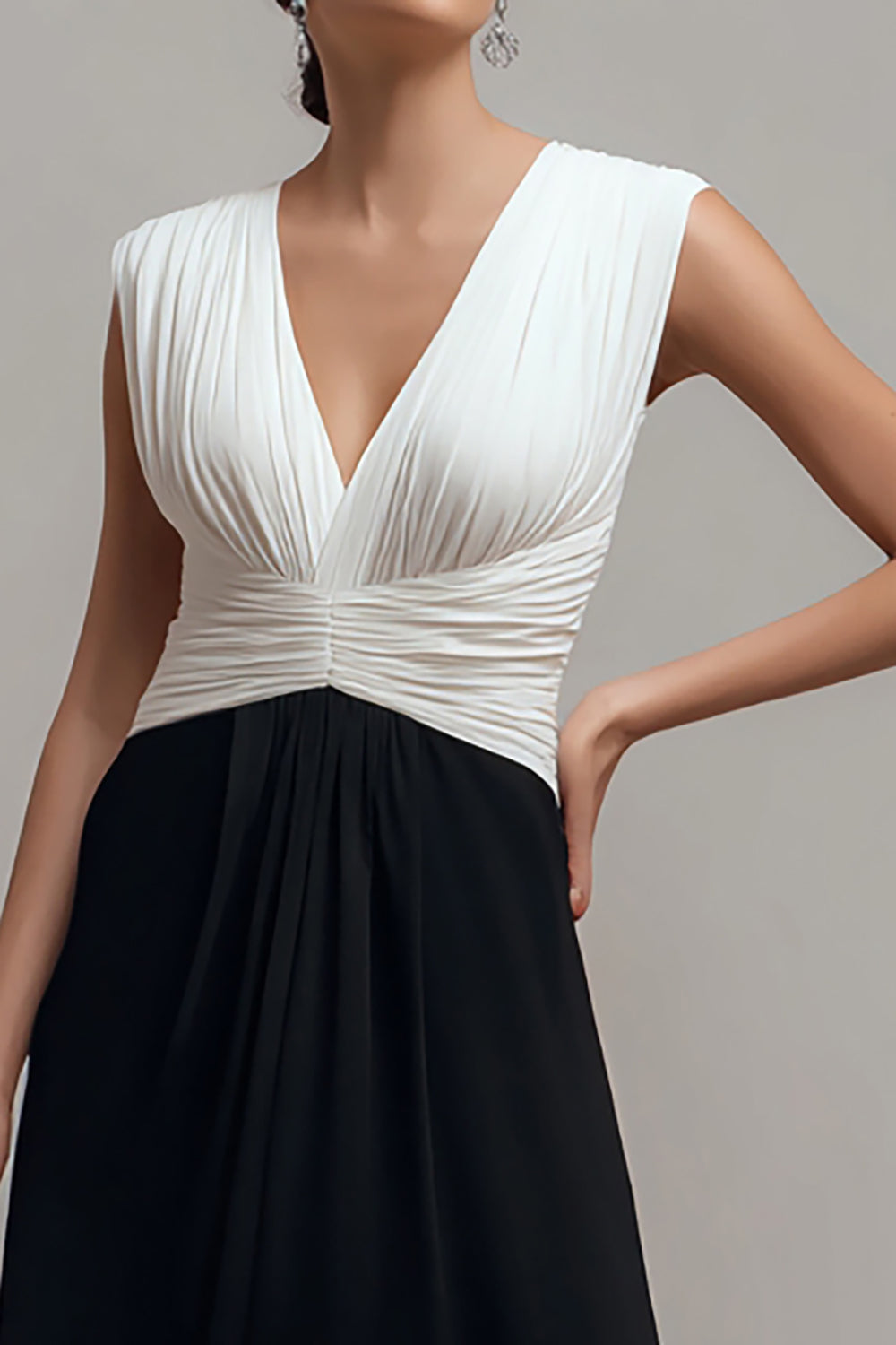 Black and White A-Line V-Neck Formal Dress With Pleats