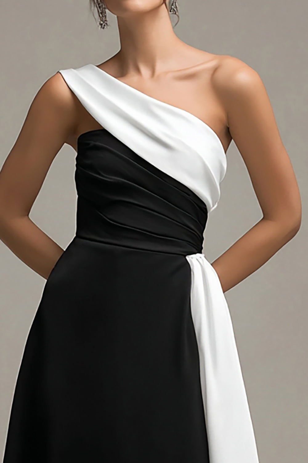 One Shoulder A-Line Black and White Formal Dress