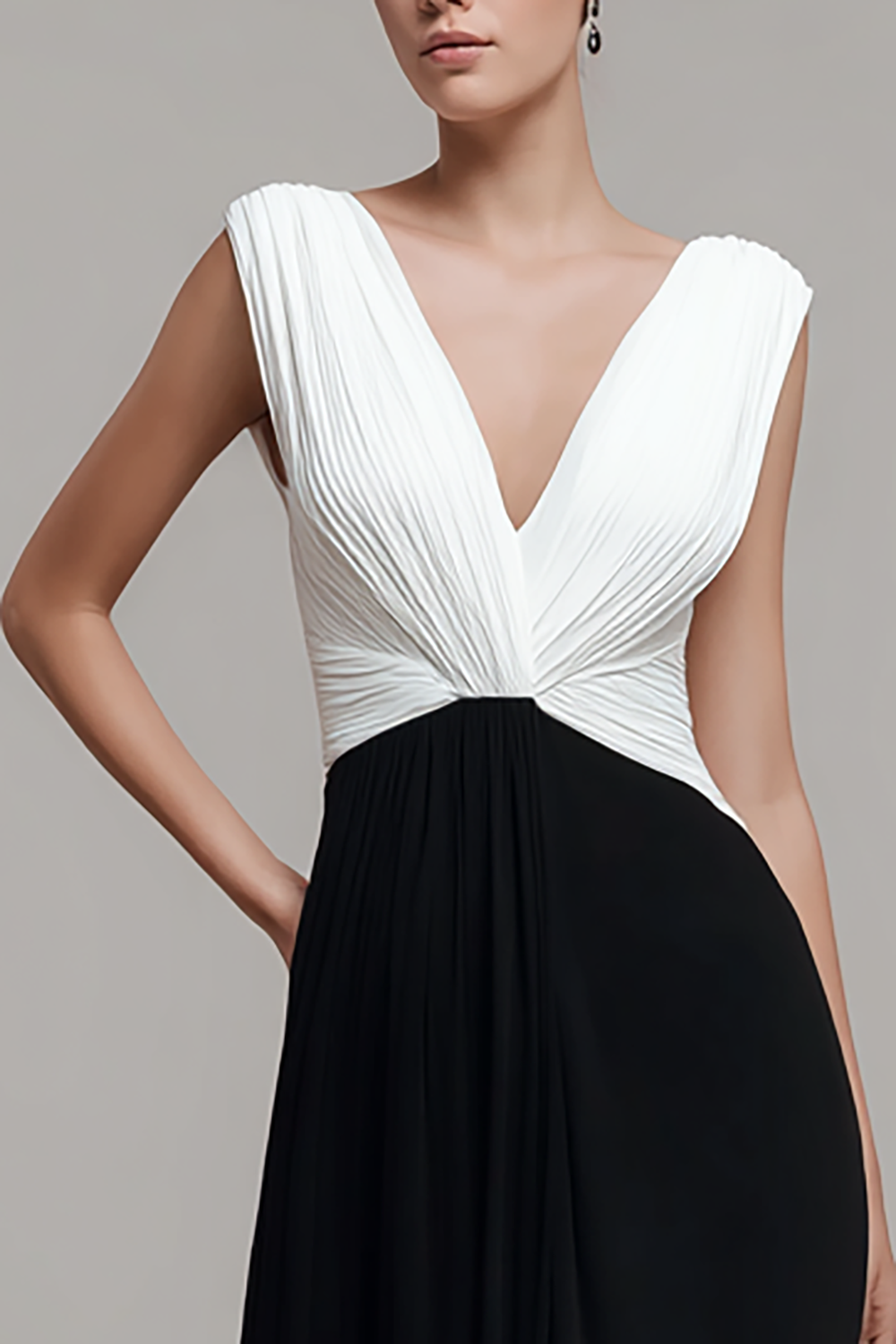 A-Line Ruched V-Neck Black and white Formal Dress