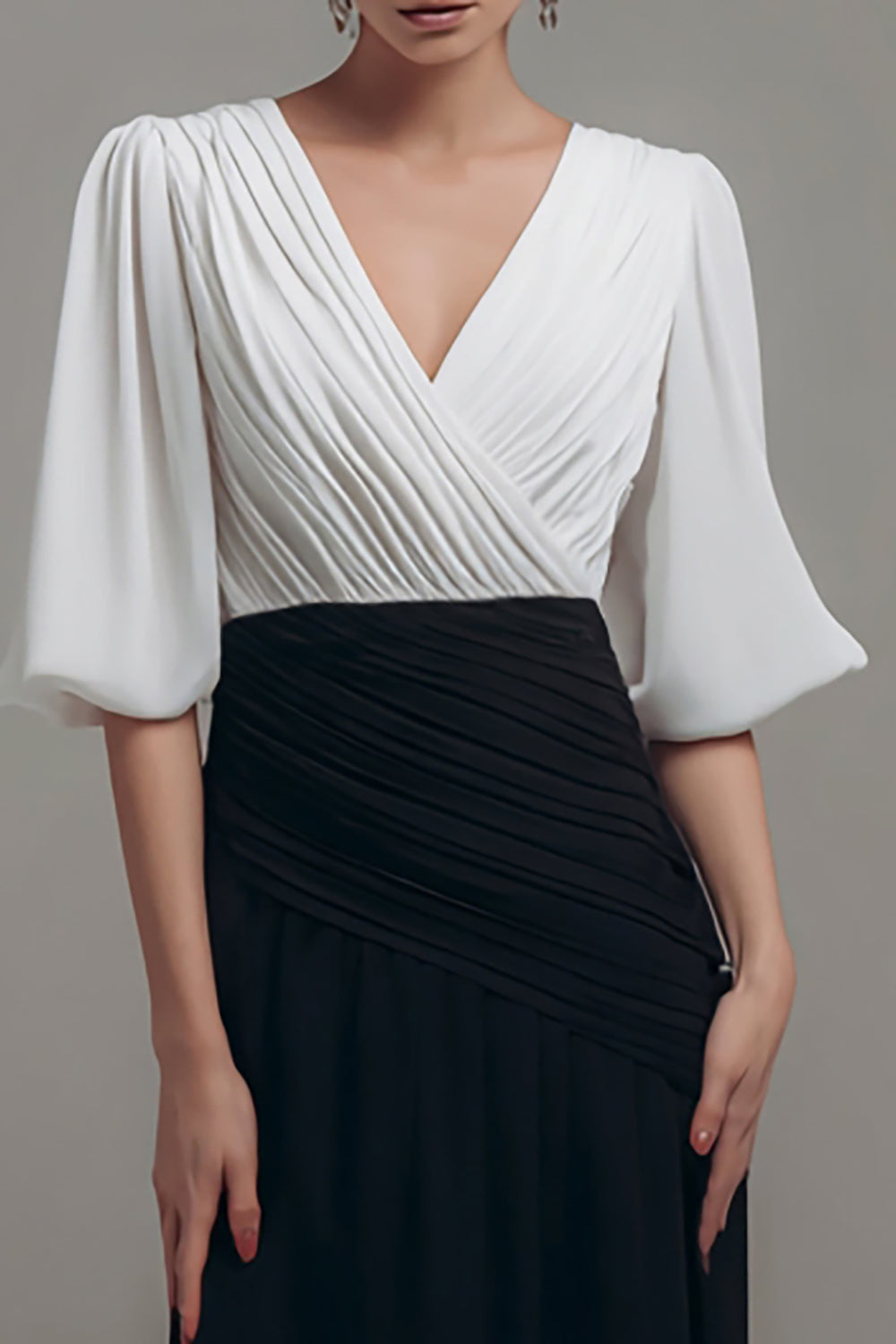 Black and White Ruched Wrap Formal Dress With Half Sleeves