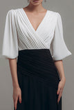 Black and White Ruched Wrap Formal Dress With Half Sleeves