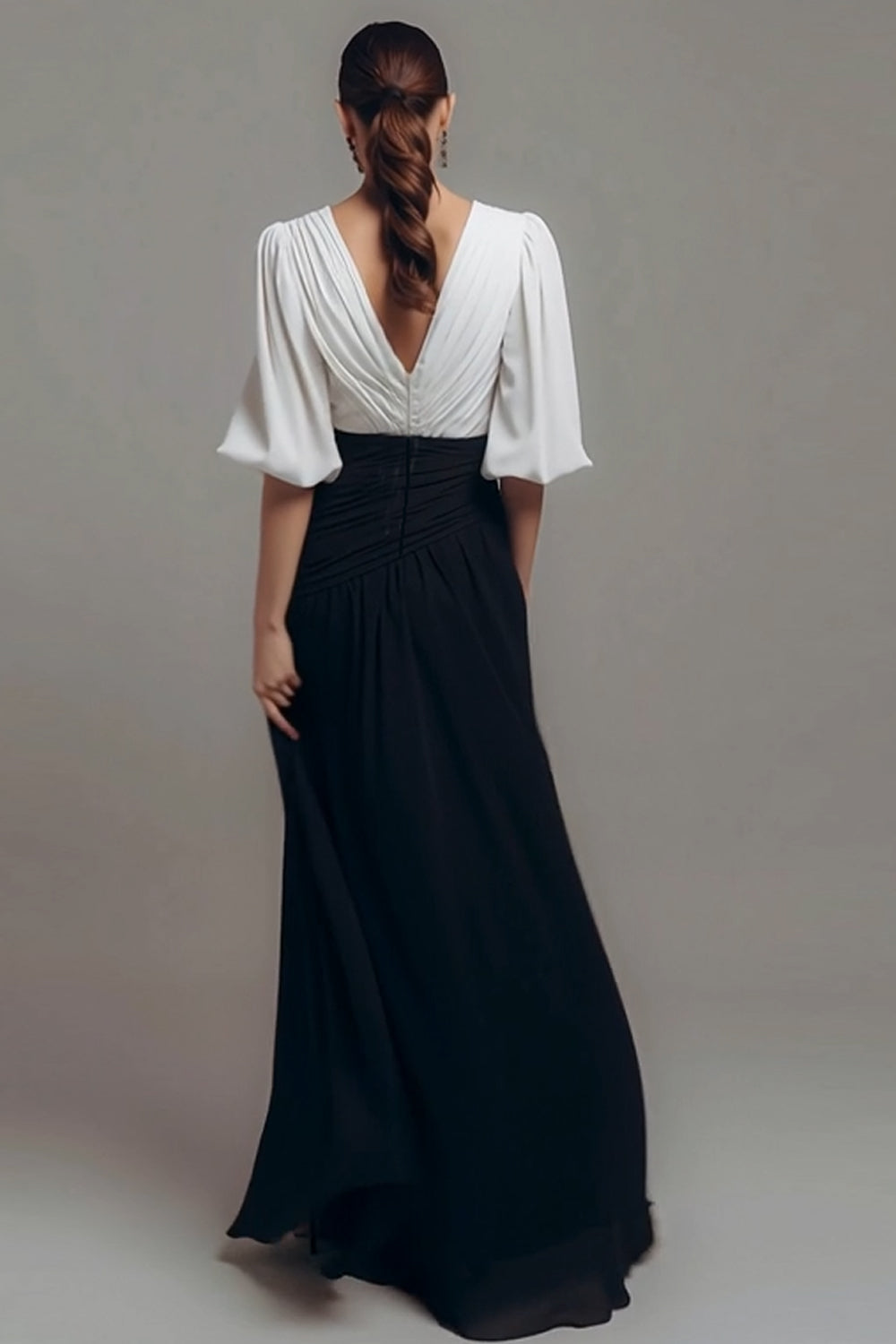 Black and White Ruched Wrap Formal Dress With Half Sleeves
