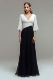 Black and White A-Line V-Neck Long Formal Dress With Flutter Sleeves