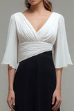 Black and White A-Line V-Neck Long Formal Dress With Flutter Sleeves