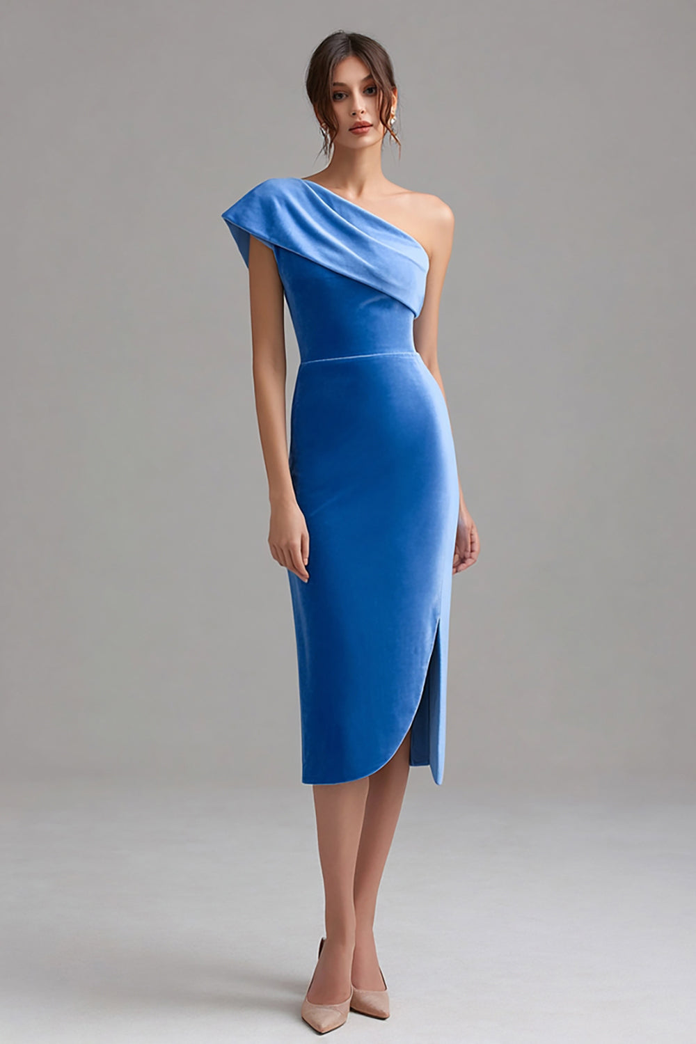 Blue One Shoulder Bodycon Velvet Semi-Formal Dress With Slit