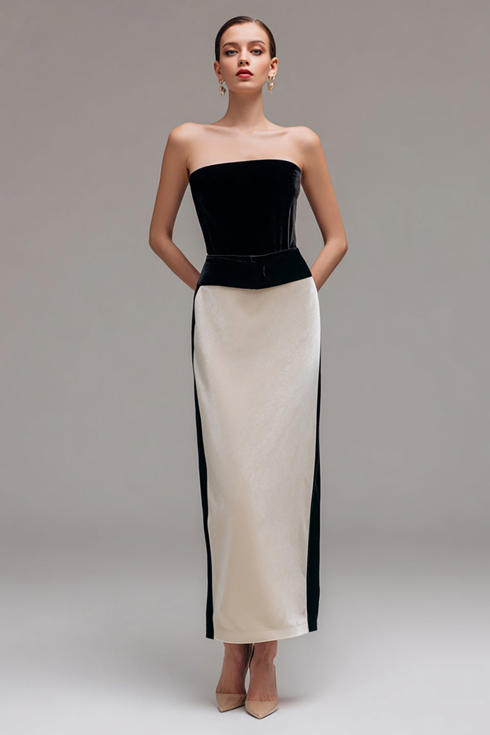 Strapless Sheath Black and Champagne Formal Dress