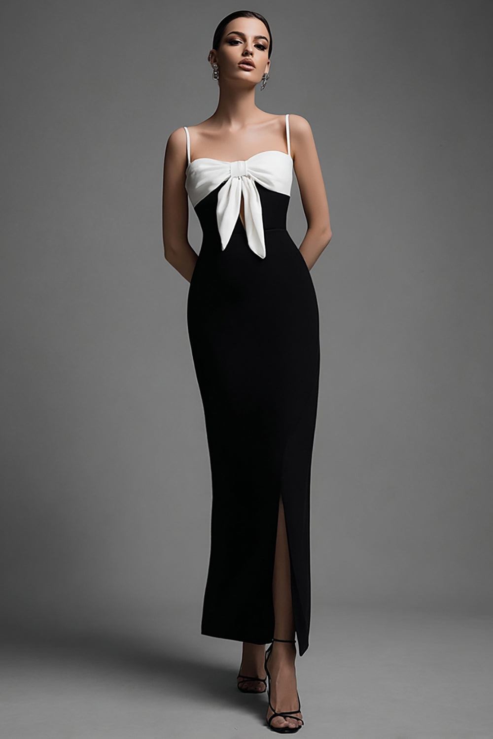 Black and White Ankle Length Sheath Formal Dress With Slit