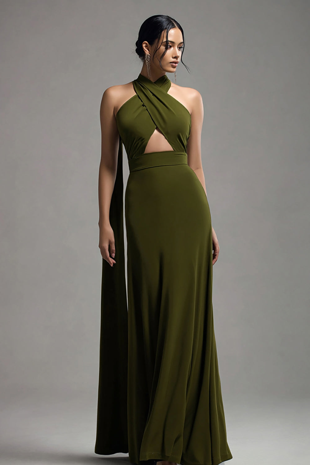 Olive Sheath Halter Cut-Out Formal Dress With Sash