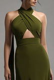 Olive Sheath Halter Cut-Out Formal Dress With Sash