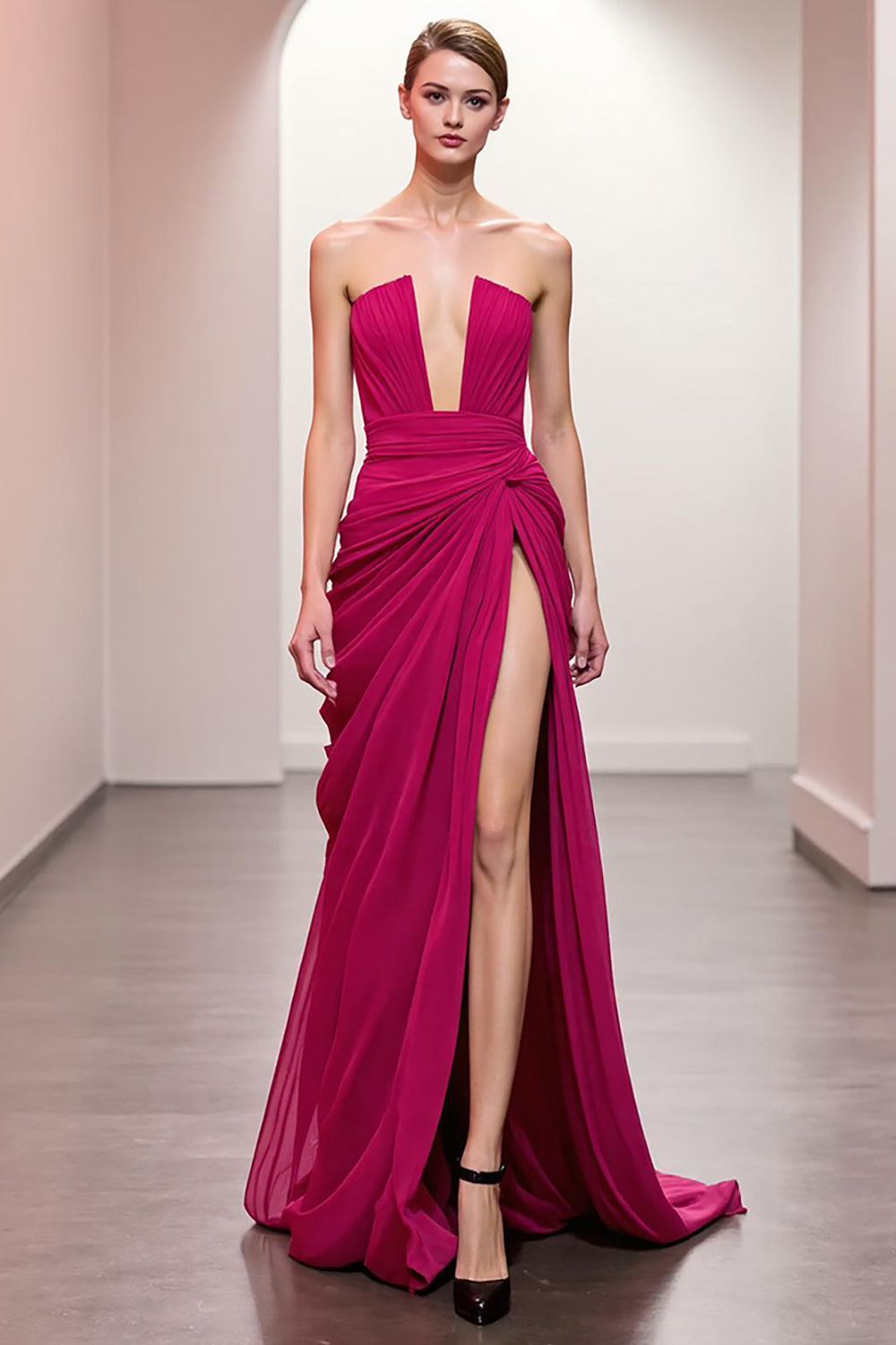 Pink A Line Ruched Strapless Evening Dress With Slit