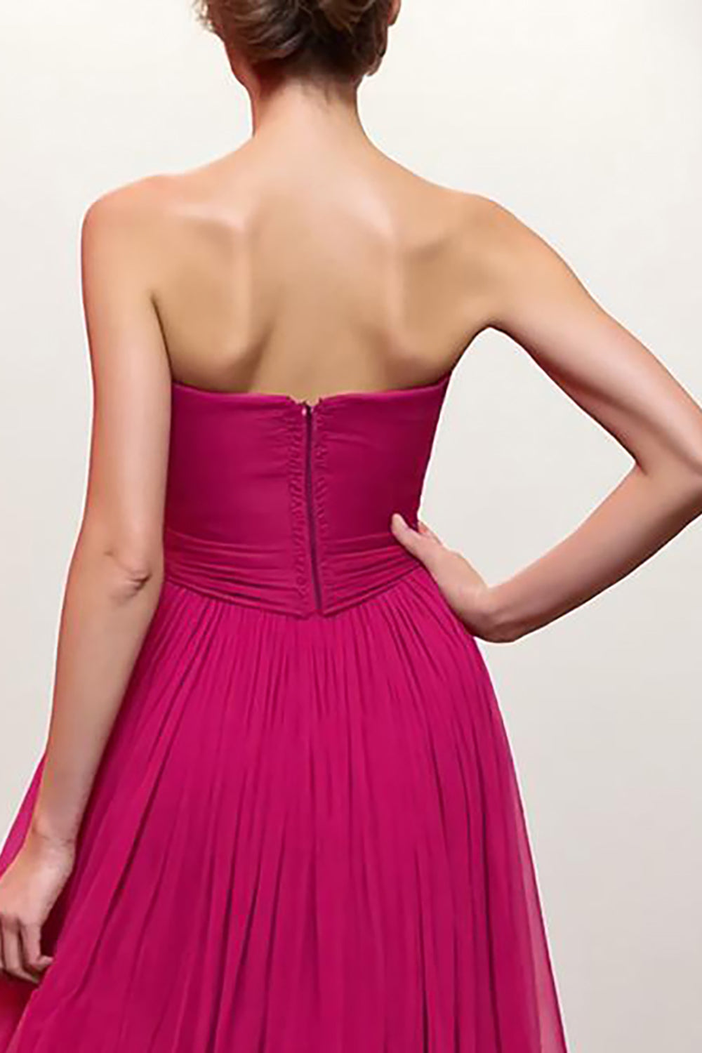 Pink A Line Ruched Strapless Evening Dress With Slit