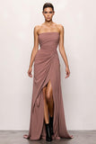 Strapless Blush Sheath Ruched Evening Dress With Slit