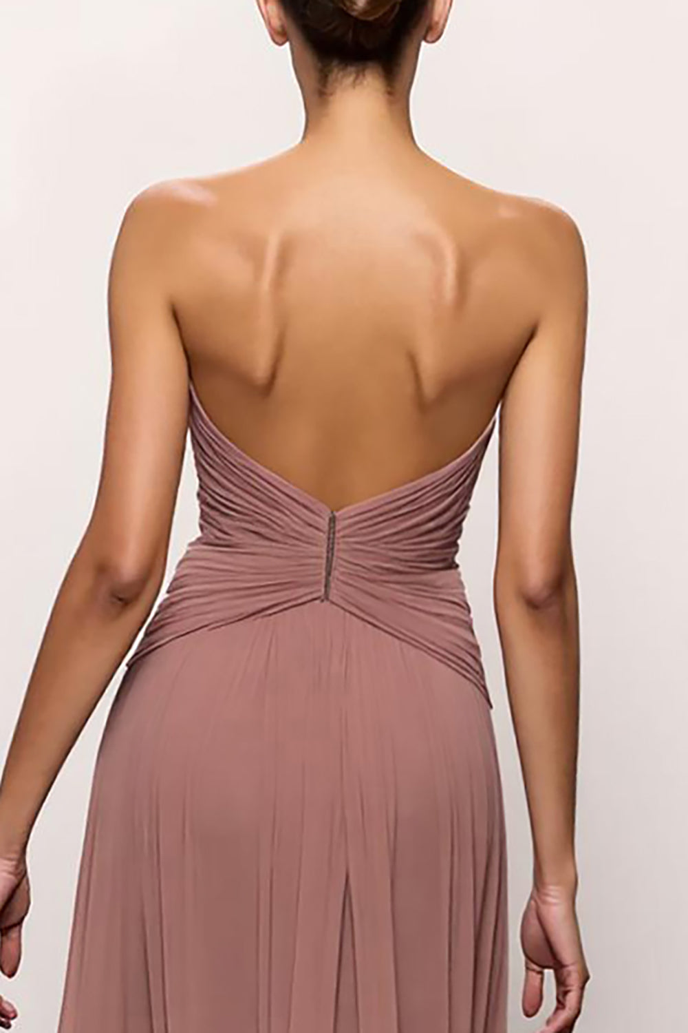 Strapless Blush Sheath Ruched Evening Dress With Slit
