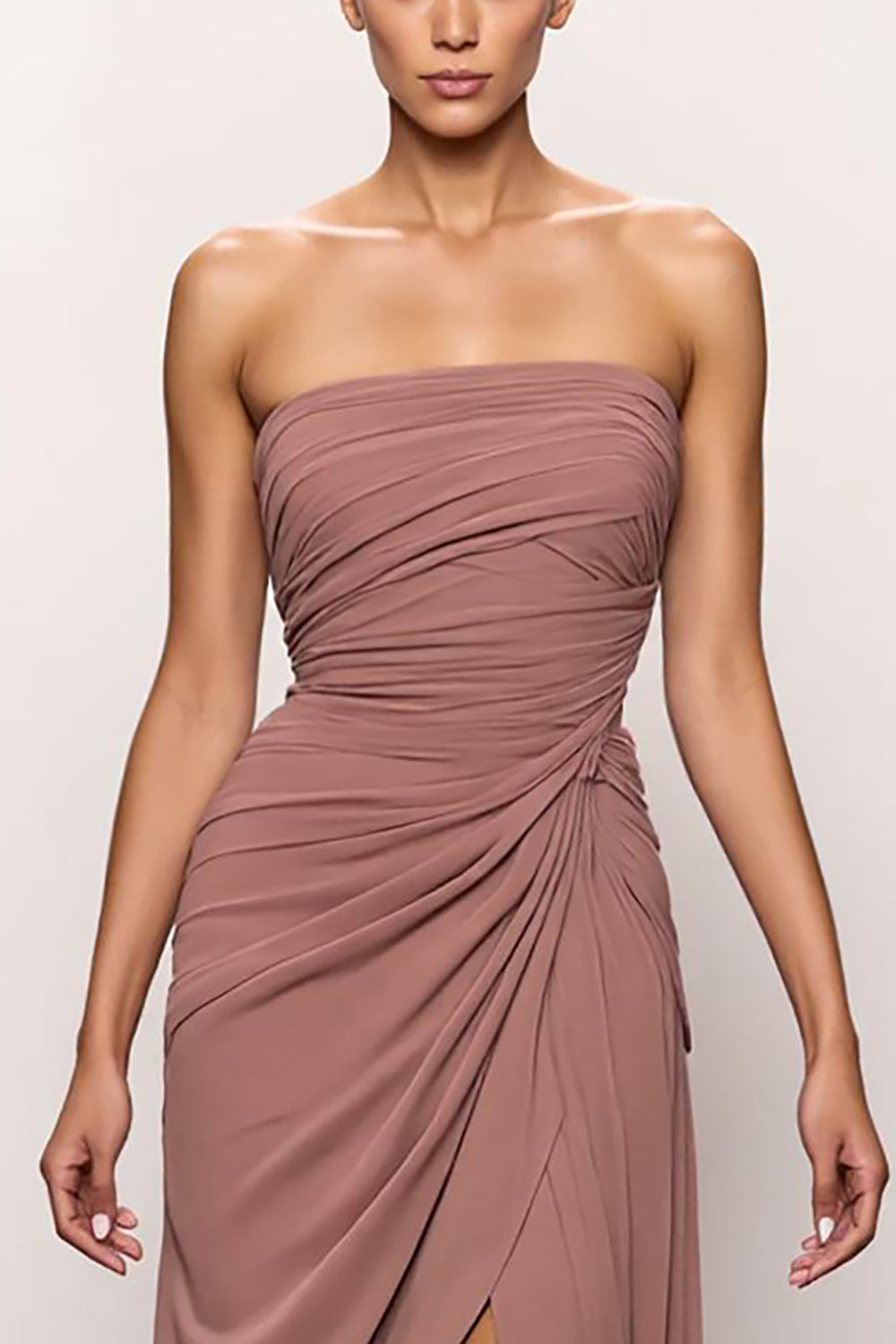 Strapless Blush Sheath Ruched Evening Dress With Slit