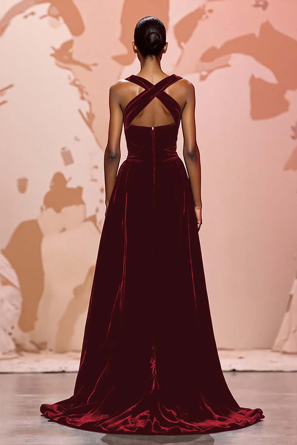 Halter A-Line Black Velvet Keyhole Evening Dress with Criss Cross Back