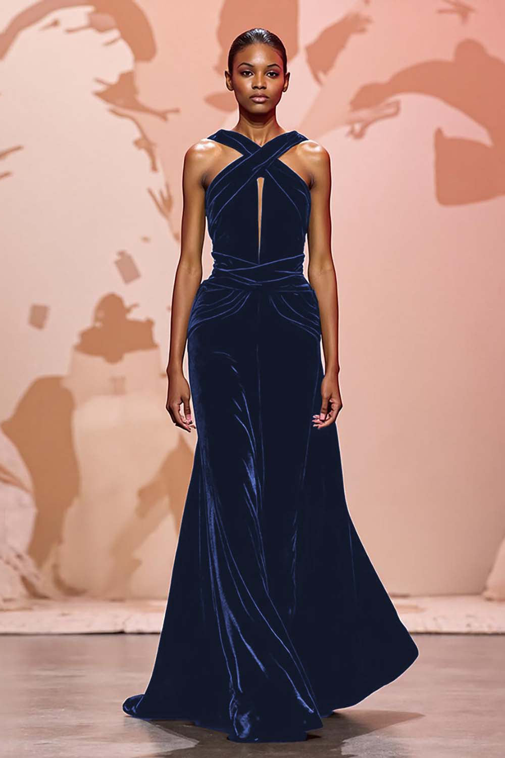Halter A-Line Black Velvet Keyhole Evening Dress with Criss Cross Back