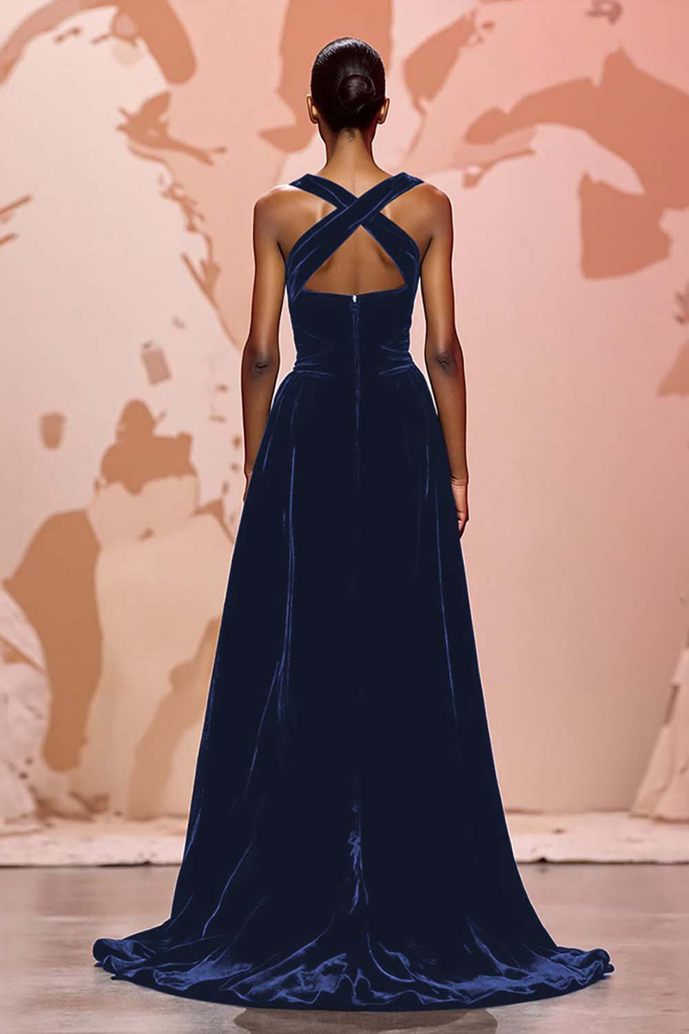 Halter A-Line Black Velvet Keyhole Evening Dress with Criss Cross Back