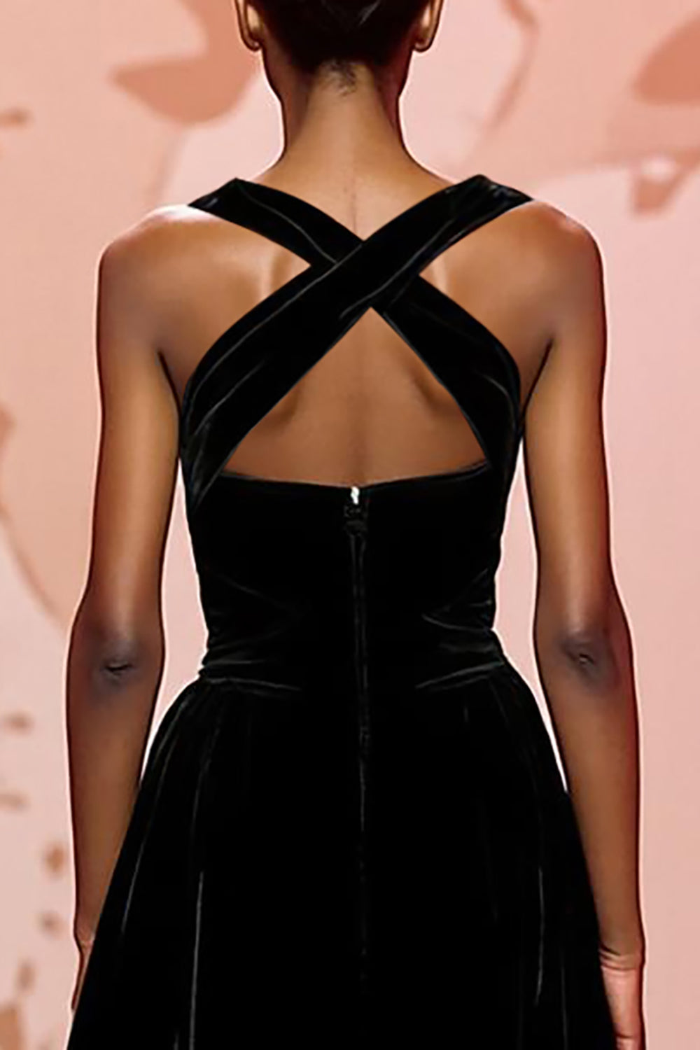 Halter A-Line Black Velvet Keyhole Evening Dress with Criss Cross Back