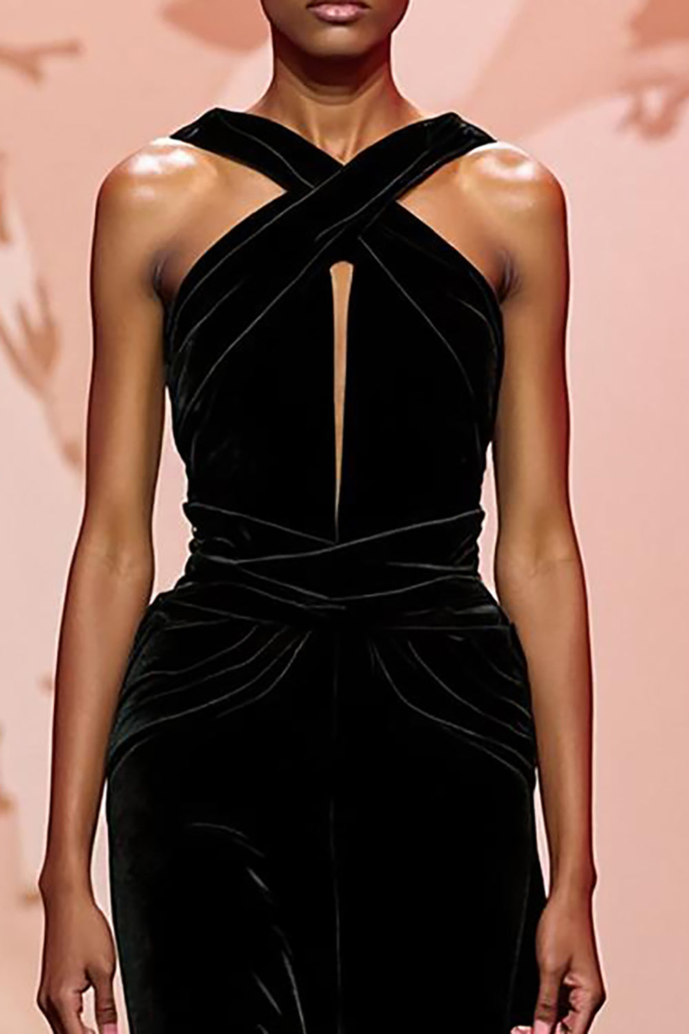 Halter A-Line Black Velvet Keyhole Evening Dress with Criss Cross Back