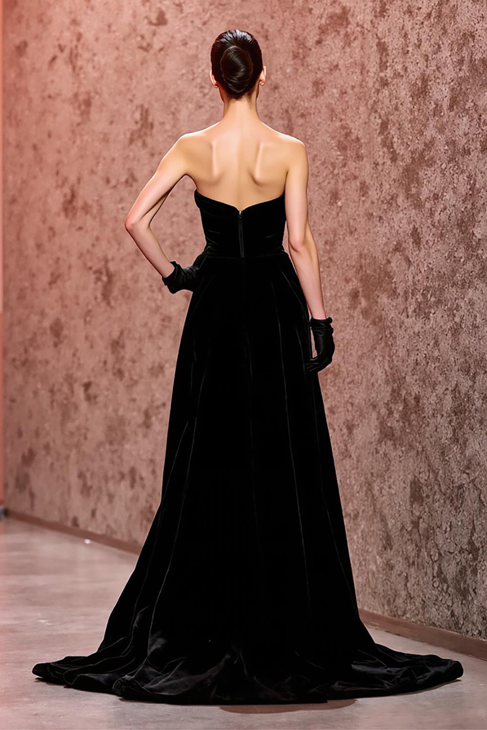 Strapless A-Line Long Black Evening Dress With Slit (Without Gloves)