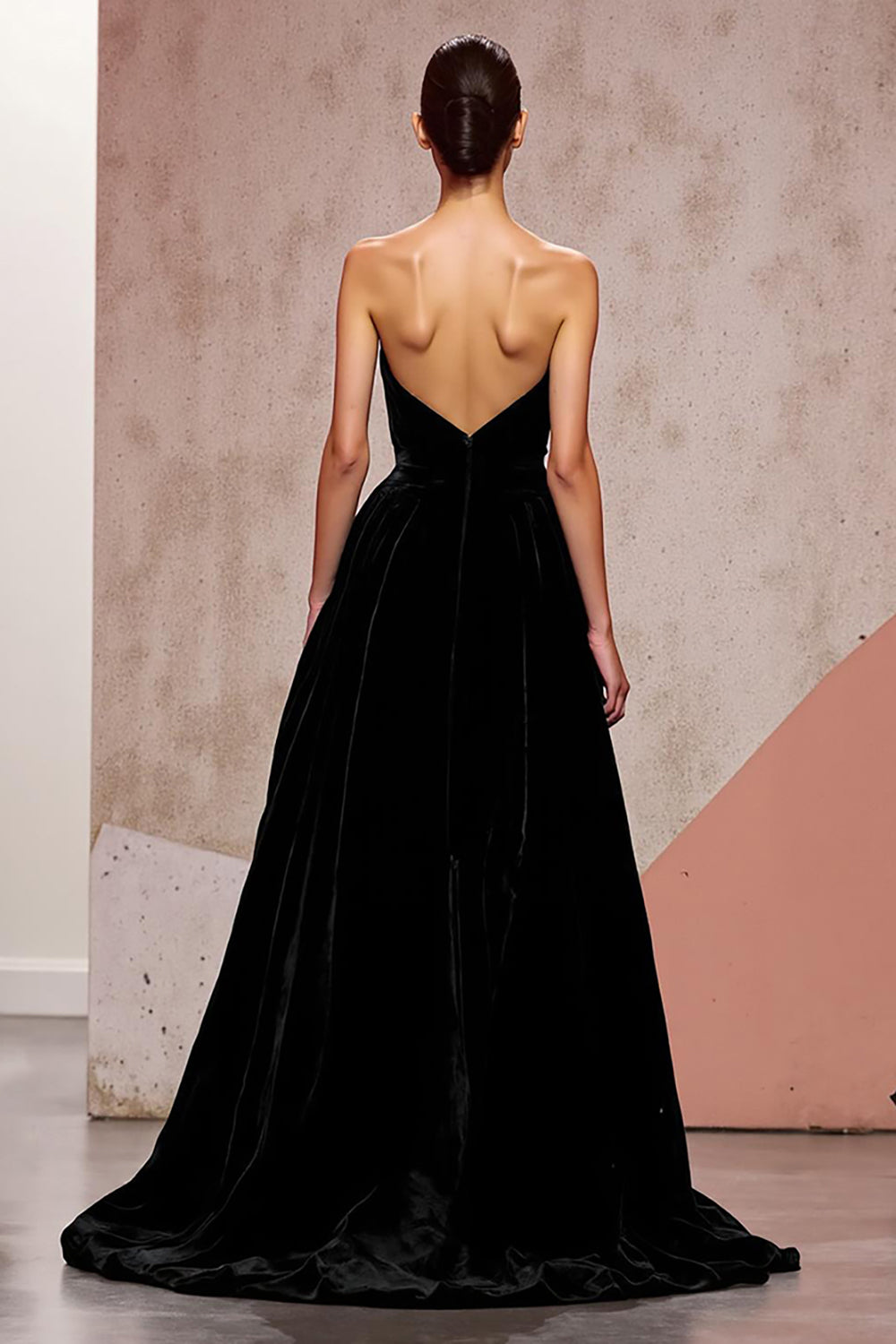 Black Strapless A-Line Backless Velvet Evening Dress