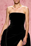 Strapless Black A-Line Evening Dress With Slit