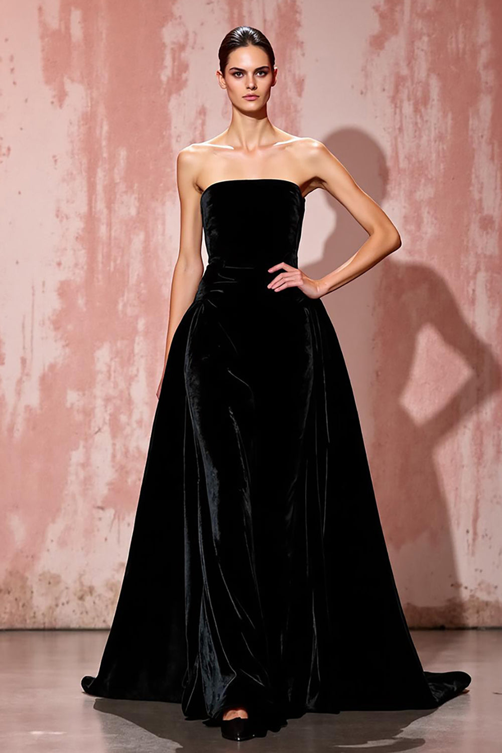 Simple Black Velvet A-Line Strapless Evening Dress