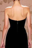 Strapless A Line Black Velvet Evening Dress With Slit