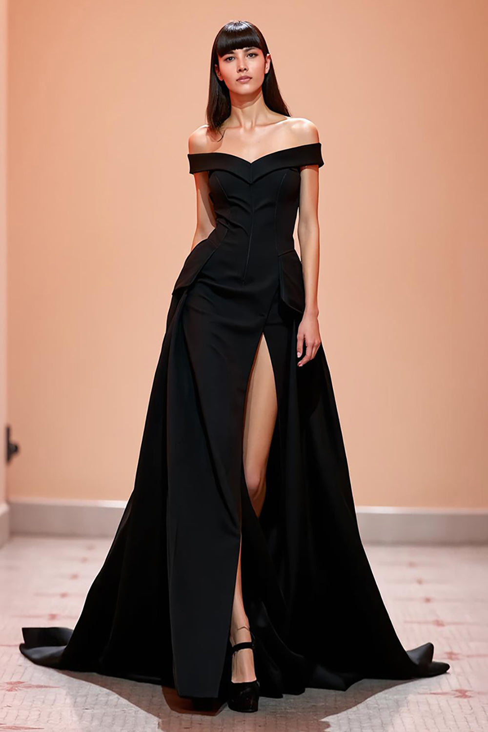 Off The Shoulder A Line Black Evening Dress with Slit