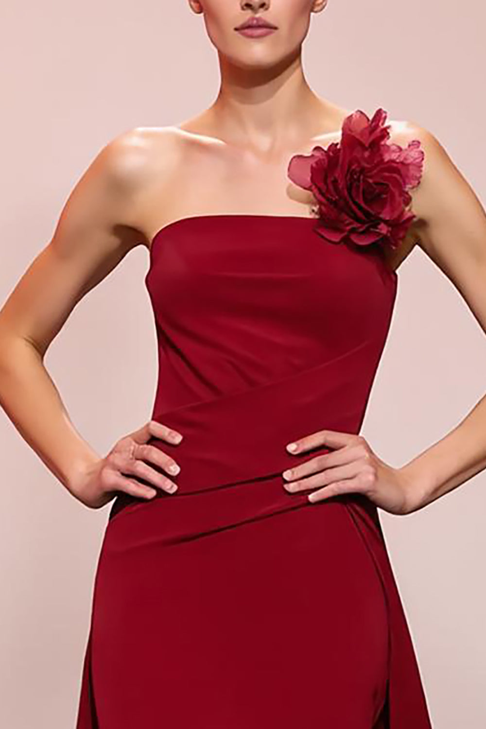 Strapless Red Long Evening Dress with 3D Flower