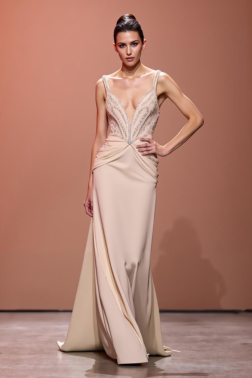 Champagne V-Neck Long Sheath Evening Dress with Sequins
